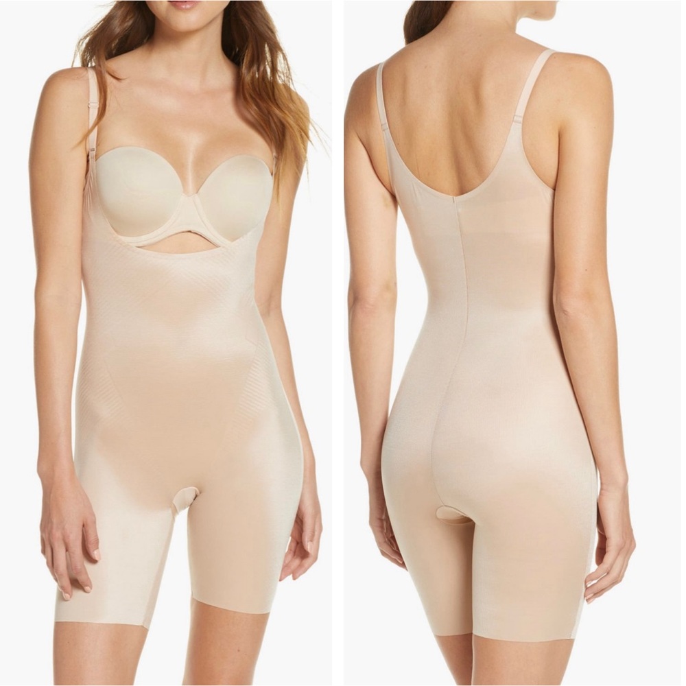 SPANX Thinstincts 2.0 Open Bust Mid Thigh Bodysuit NEW SIze L Champagne Beige